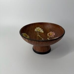 Vintage Hand Painted Italian Ceramic Footed Bowl‎ Daisy Flowers Brown